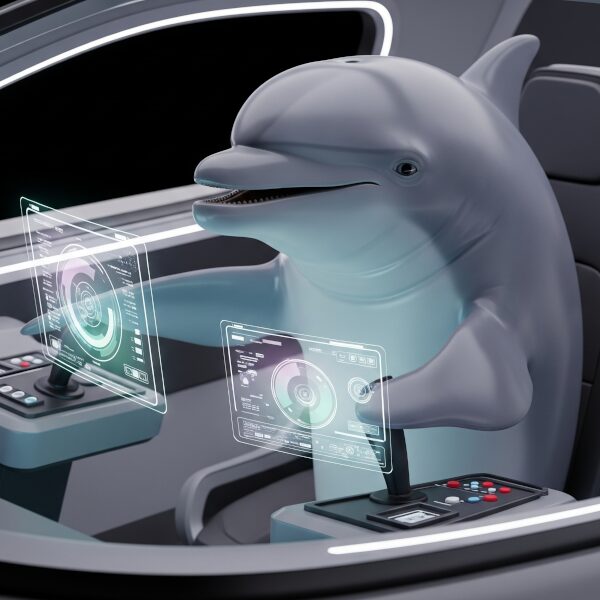 An intelligent dolphin piloting a futuristic, glowing starship.