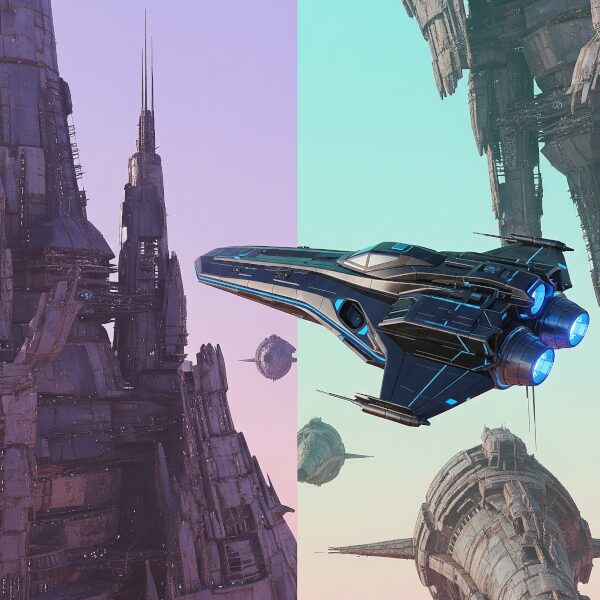 The starship Streaker approaching an ancient, derelict alien fleet in deep space.