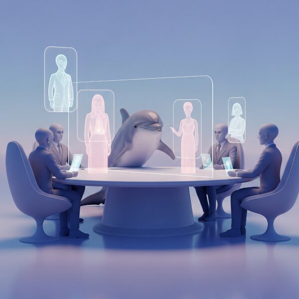 Intelligent dolphins engaging in diplomatic communication with various alien species.