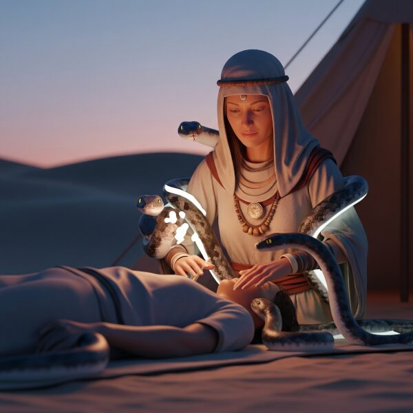 A healer woman in a post-apocalyptic world using glowing, bioengineered snakes for treatment in a desert setting.