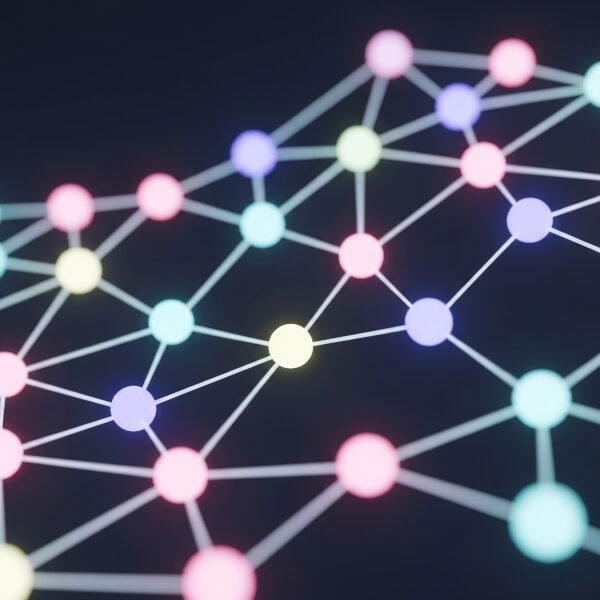 An abstract, interconnected network of glowing nodes in soft pastel colours, symbolising the multiverse or complex scientific concepts.
