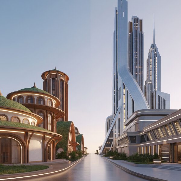 A photorealistic 3D render set against a pastel gradient sky, showcasing a stark contrast between traditional, organic architectural styles and modern, geometric, functional ones.