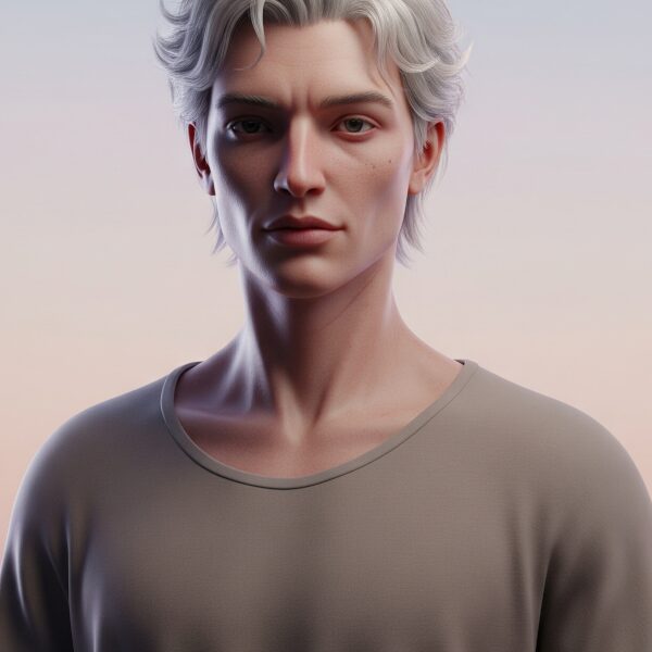 A photorealistic 3D render of a Gethenian figure during their 'kemmer' phase, subtly conveying their ambisexual nature through a blend of traditionally masculine and feminine features, set within a minimalist, pastel gradient environment.