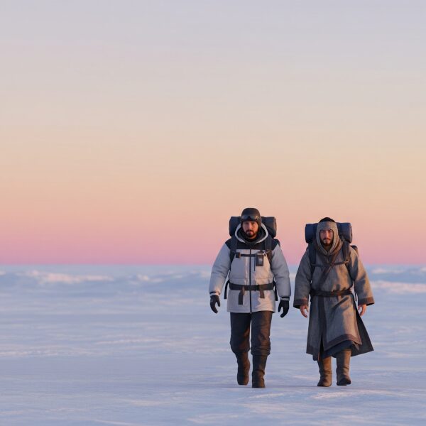 A photorealistic 3D render depicting Genly Ai and Estraven traversing a vast, minimalist, icy landscape under a pastel gradient sky, conveying a sense of shared hardship and burgeoning camaraderie.