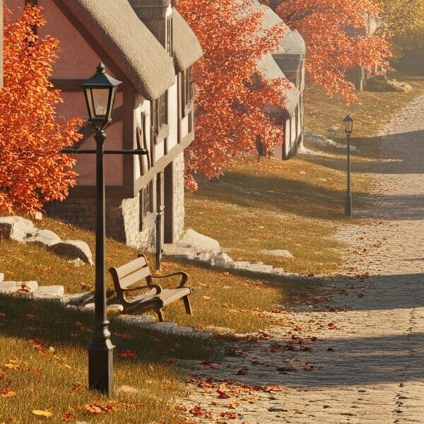 A quiet, autumnal medieval English village with thatched-roof cottages and a cobblestone path, surrounded by hills.