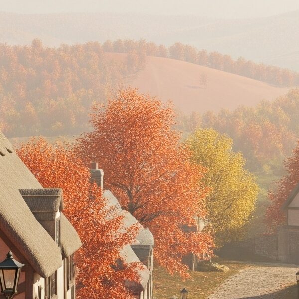 A quiet, autumnal medieval English village with thatched-roof cottages and a cobblestone path, surrounded by hills.