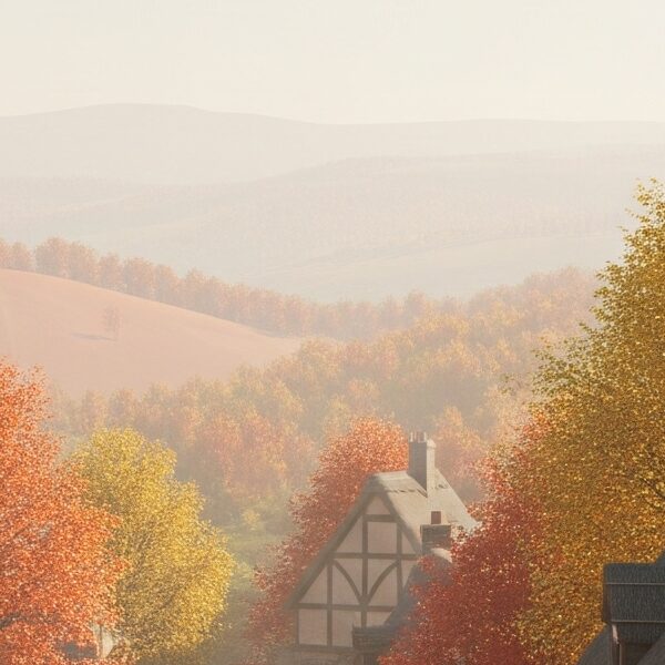 A quiet, autumnal medieval English village with thatched-roof cottages and a cobblestone path, surrounded by hills.