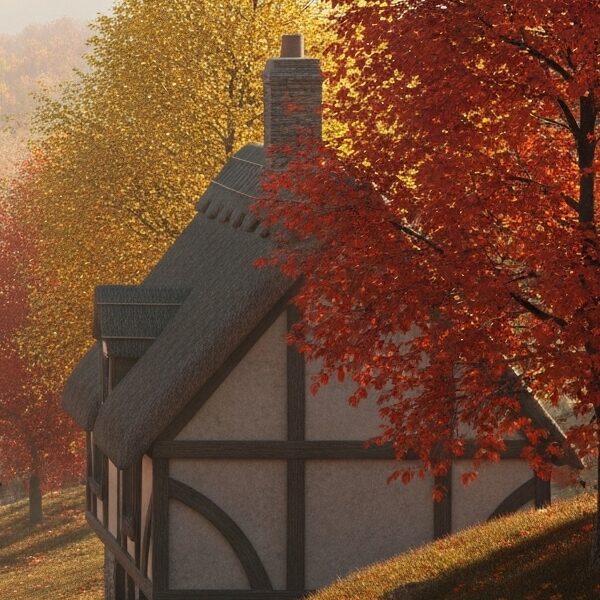 A quiet, autumnal medieval English village with thatched-roof cottages and a cobblestone path, surrounded by hills.