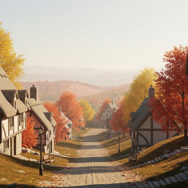 A quiet, autumnal medieval English village with thatched-roof cottages and a cobblestone path, surrounded by hills.