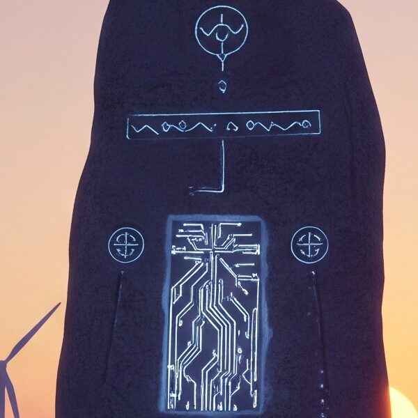 A photorealistic 3D render of a minimalist American landscape at dusk, featuring a weathered stone monolith with glowing ancient symbols and circuits, juxtaposed against modern wind turbines under a pastel gradient sky.