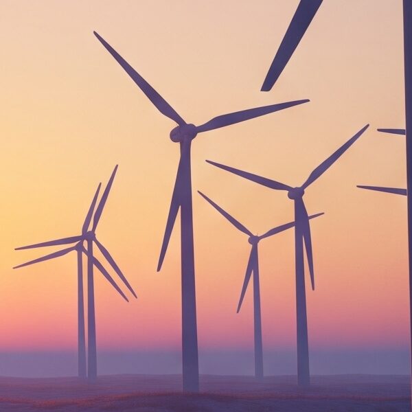 A photorealistic 3D render of a minimalist American landscape at dusk, featuring a weathered stone monolith with glowing ancient symbols and circuits, juxtaposed against modern wind turbines under a pastel gradient sky.