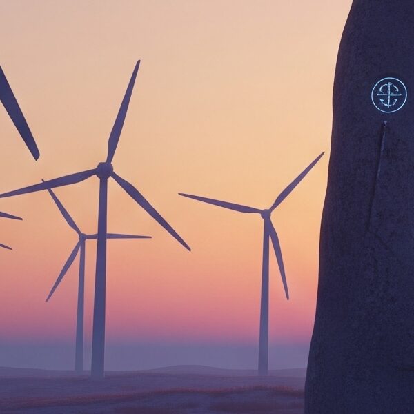 A photorealistic 3D render of a minimalist American landscape at dusk, featuring a weathered stone monolith with glowing ancient symbols and circuits, juxtaposed against modern wind turbines under a pastel gradient sky.