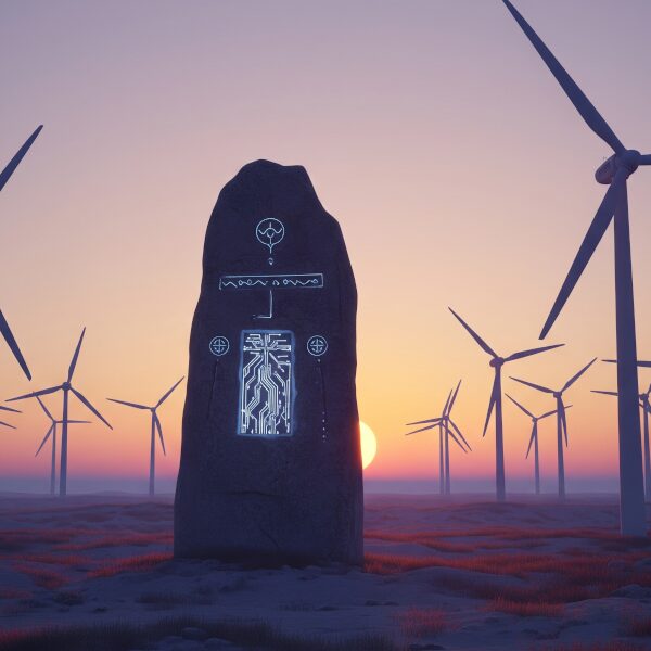 A photorealistic 3D render of a minimalist American landscape at dusk, featuring a weathered stone monolith with glowing ancient symbols and circuits, juxtaposed against modern wind turbines under a pastel gradient sky.