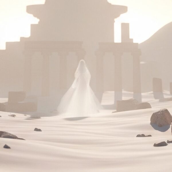 A fantasy landscape depicting ancient ruins under a divine light, representative of the world of "Paladin of Souls."