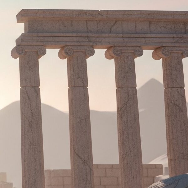 A fantasy landscape depicting ancient ruins under a divine light, representative of the world of "Paladin of Souls."