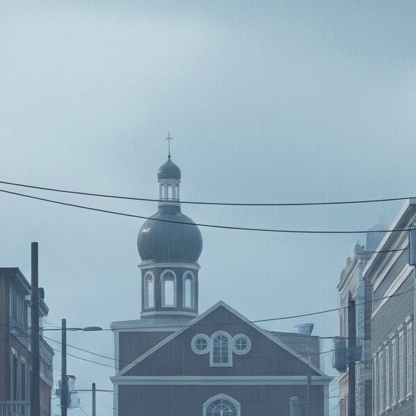 A melancholic, rain-soaked street in an alternate history Sitka, Alaska, reimagined as a Jewish settlement, with a lone figure walking towards a synagogue-like building under a cloudy sky.