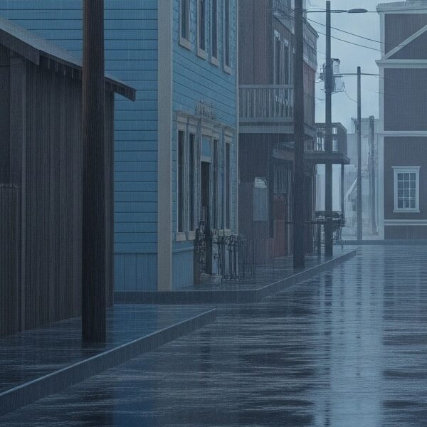 A melancholic, rain-soaked street in an alternate history Sitka, Alaska, reimagined as a Jewish settlement, with a lone figure walking towards a synagogue-like building under a cloudy sky.