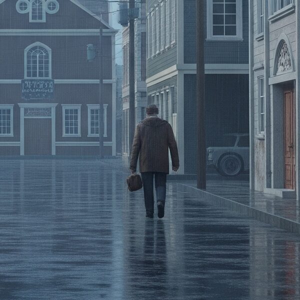 A melancholic, rain-soaked street in an alternate history Sitka, Alaska, reimagined as a Jewish settlement, with a lone figure walking towards a synagogue-like building under a cloudy sky.