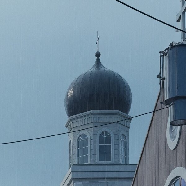 A melancholic, rain-soaked street in an alternate history Sitka, Alaska, reimagined as a Jewish settlement, with a lone figure walking towards a synagogue-like building under a cloudy sky.