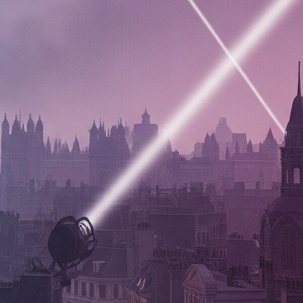 A photorealistic 3D render of London during the World War II Blitz, with searchlights illuminating the night sky and damaged buildings, rendered in pastel gradient tones with a subtle, ethereal glow suggesting time travel.