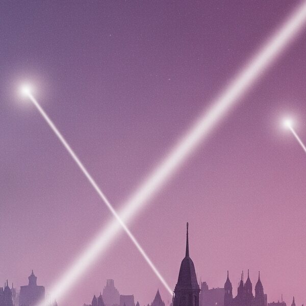 A photorealistic 3D render of London during the World War II Blitz, with searchlights illuminating the night sky and damaged buildings, rendered in pastel gradient tones with a subtle, ethereal glow suggesting time travel.