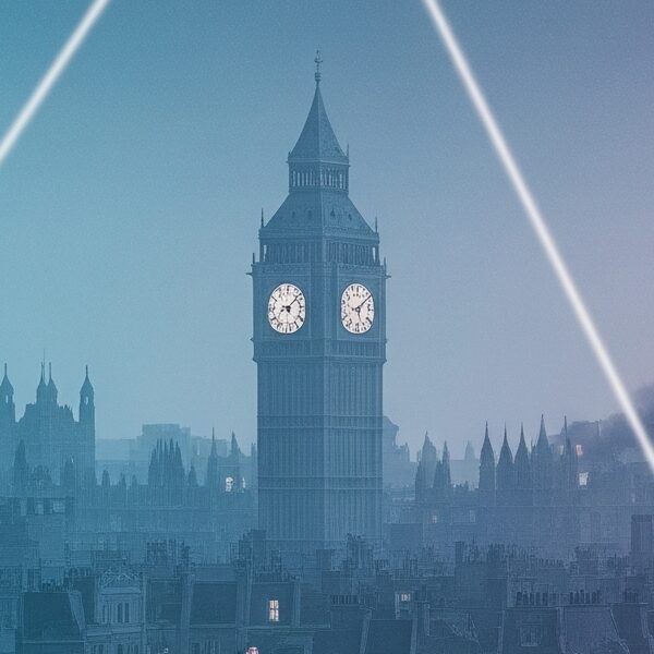 A photorealistic 3D render of London during the World War II Blitz, with searchlights illuminating the night sky and damaged buildings, rendered in pastel gradient tones with a subtle, ethereal glow suggesting time travel.