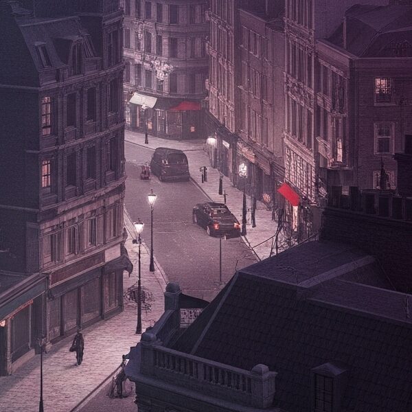 A photorealistic 3D render of London during the World War II Blitz, with searchlights illuminating the night sky and damaged buildings, rendered in pastel gradient tones with a subtle, ethereal glow suggesting time travel.