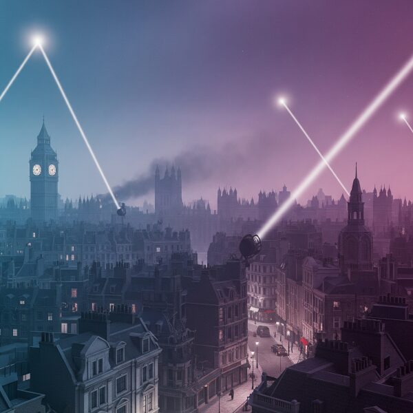 A photorealistic 3D render of London during the World War II Blitz, with searchlights illuminating the night sky and damaged buildings, rendered in pastel gradient tones with a subtle, ethereal glow suggesting time travel.