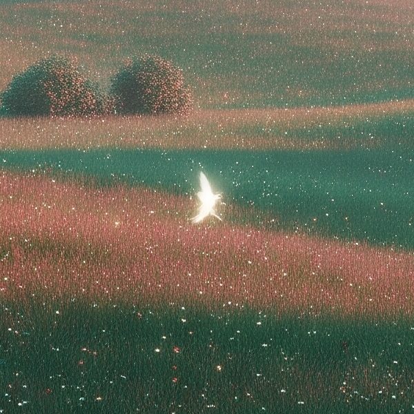 A vast, melancholic yet subtly magical landscape, reminiscent of the 1970s British countryside, with rolling hills in soft pastel gradient tones. A lone, introspective figure stands in the distance near an old, gnarled tree. Small specks of light are scattered across the ground, hinting at the presence of hidden fae.