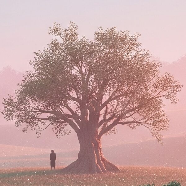 A vast, melancholic yet subtly magical landscape, reminiscent of the 1970s British countryside, with rolling hills in soft pastel gradient tones. A lone, introspective figure stands in the distance near an old, gnarled tree. Small specks of light are scattered across the ground, hinting at the presence of hidden fae.