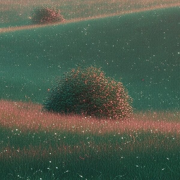 A vast, melancholic yet subtly magical landscape, reminiscent of the 1970s British countryside, with rolling hills in soft pastel gradient tones. A lone, introspective figure stands in the distance near an old, gnarled tree. Small specks of light are scattered across the ground, hinting at the presence of hidden fae.