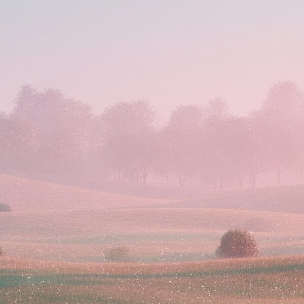 A vast, melancholic yet subtly magical landscape, reminiscent of the 1970s British countryside, with rolling hills in soft pastel gradient tones. A lone, introspective figure stands in the distance near an old, gnarled tree. Small specks of light are scattered across the ground, hinting at the presence of hidden fae.