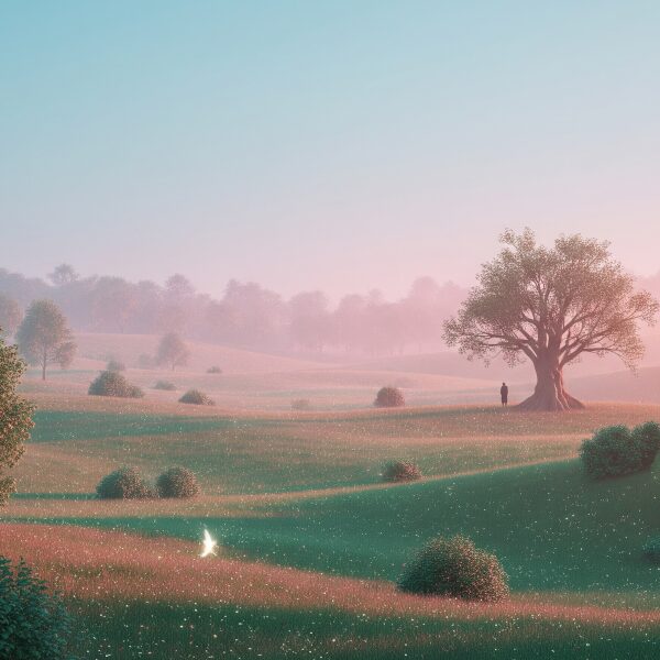 A vast, melancholic yet subtly magical landscape, reminiscent of the 1970s British countryside, with rolling hills in soft pastel gradient tones. A lone, introspective figure stands in the distance near an old, gnarled tree. Small specks of light are scattered across the ground, hinting at the presence of hidden fae.