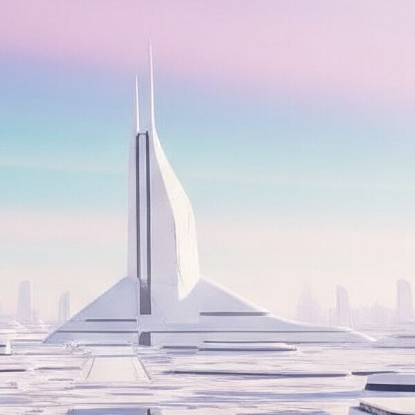 A vast, minimalist futuristic city with white, geometric buildings under an expansive, pastel gradient sky.