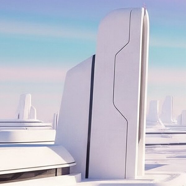 A vast, minimalist futuristic city with white, geometric buildings under an expansive, pastel gradient sky.