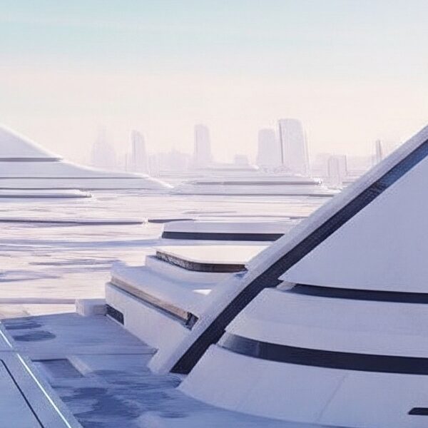 A vast, minimalist futuristic city with white, geometric buildings under an expansive, pastel gradient sky.