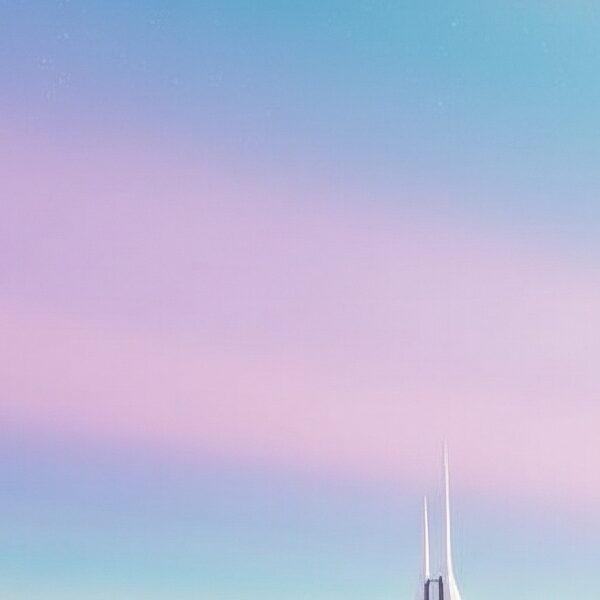 A vast, minimalist futuristic city with white, geometric buildings under an expansive, pastel gradient sky.