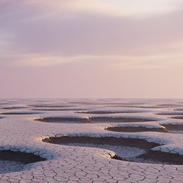 A photorealistic 3D rendering of a vast, desolate landscape, inspired by N. K. Jemisin's 'The Stone Sky'. The scene showcases cracked, barren earth stretching towards a pastel gradient sky of muted purples and grays, emphasizing the raw, fractured beauty of a world constantly reshaped by geological cataclysms. The minimalist composition focuses on the immense scale of the shattered landscape, with no visible life, devoid of any vegetation or human presence. The earth's surface is a tapestry of deep crevices and jagged rock formations, hinting at the relentless forces at play. The muted colors of the sky and earth contribute to a sense of desolation and a profound stillness.