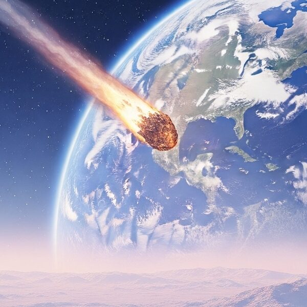 A detailed view from a celestial body's surface showing Earth and its Moon in the distance, with a trajectory of fiery meteoroids approaching.