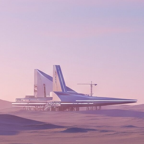 A minimalist 3D render of a futuristic corporate facility on a desolate alien planet under a pastel gradient sky.