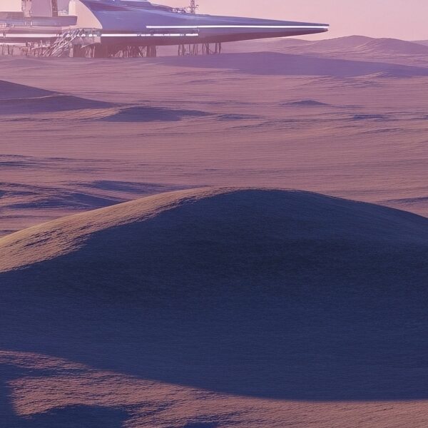 A minimalist 3D render of a futuristic corporate facility on a desolate alien planet under a pastel gradient sky.