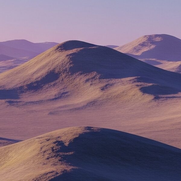 A minimalist 3D render of a futuristic corporate facility on a desolate alien planet under a pastel gradient sky.