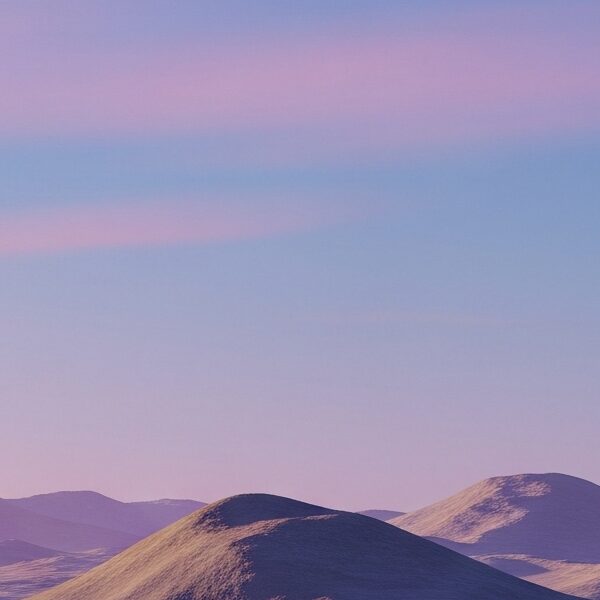A minimalist 3D render of a futuristic corporate facility on a desolate alien planet under a pastel gradient sky.