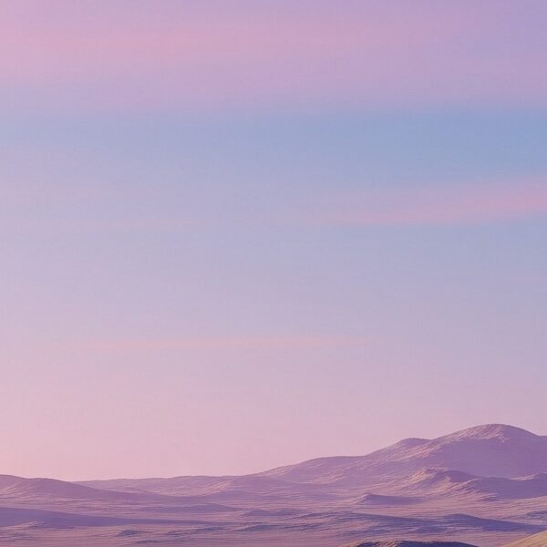 A minimalist 3D render of a futuristic corporate facility on a desolate alien planet under a pastel gradient sky.