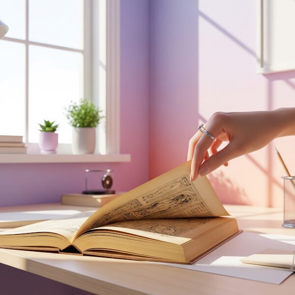 A hand carefully turning a page of an old book in a serene setting.