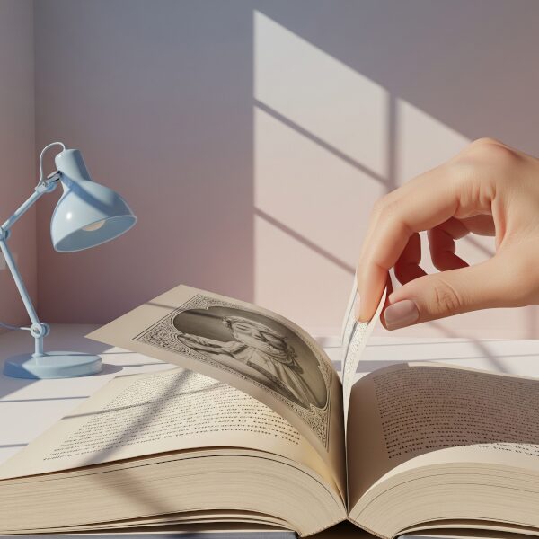 A serene arrangement of old books, tea, and a pressed flower on a table.