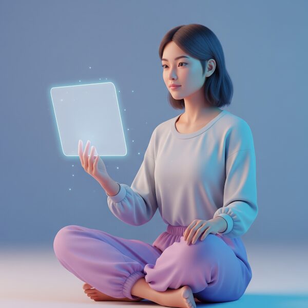 A person observing a serene digital interface, representing mindful technology use.