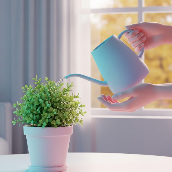 A person engaging in a mindful act of watering a plant, reflecting slow living.