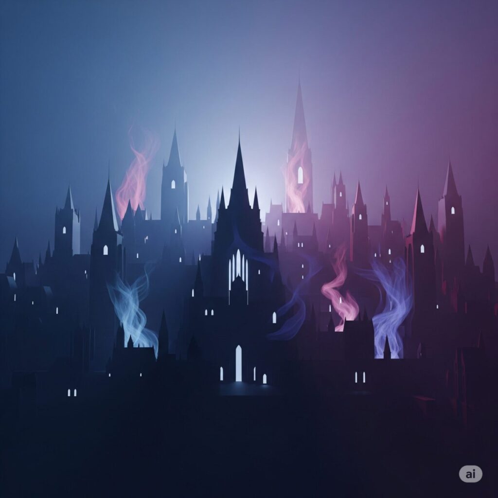 A minimalist, 3D render of a dark fantasy city at night with pastel magical effects.