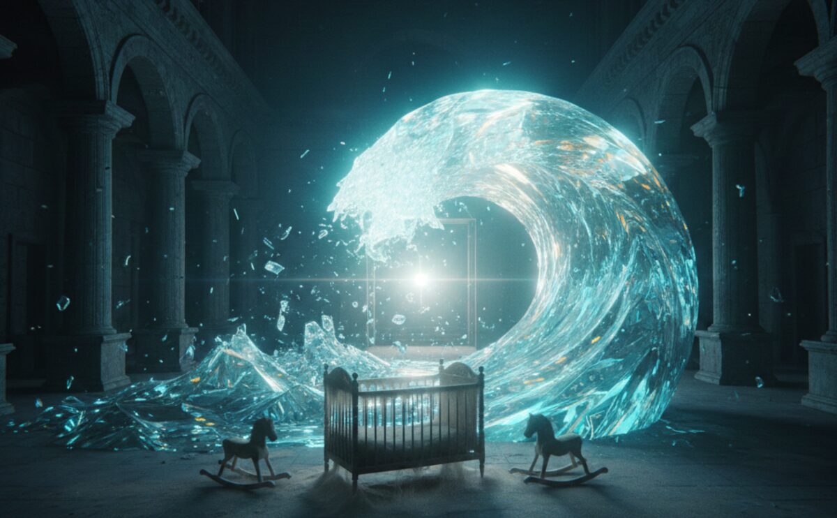 A photorealistic 3D render set within a stone-vaulted chamber, featuring a wooden infant's cot and two rocking horses in the foreground. In the centre, a monumental wave of shattered glass frozen in time surges towards the viewer, illuminated by a brilliant light source.
